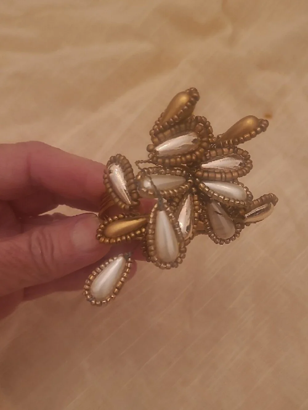 Pier 1 Cream Napkin Set with Gold Beaded Accent 2 Napkins 1 Ring In Each Set